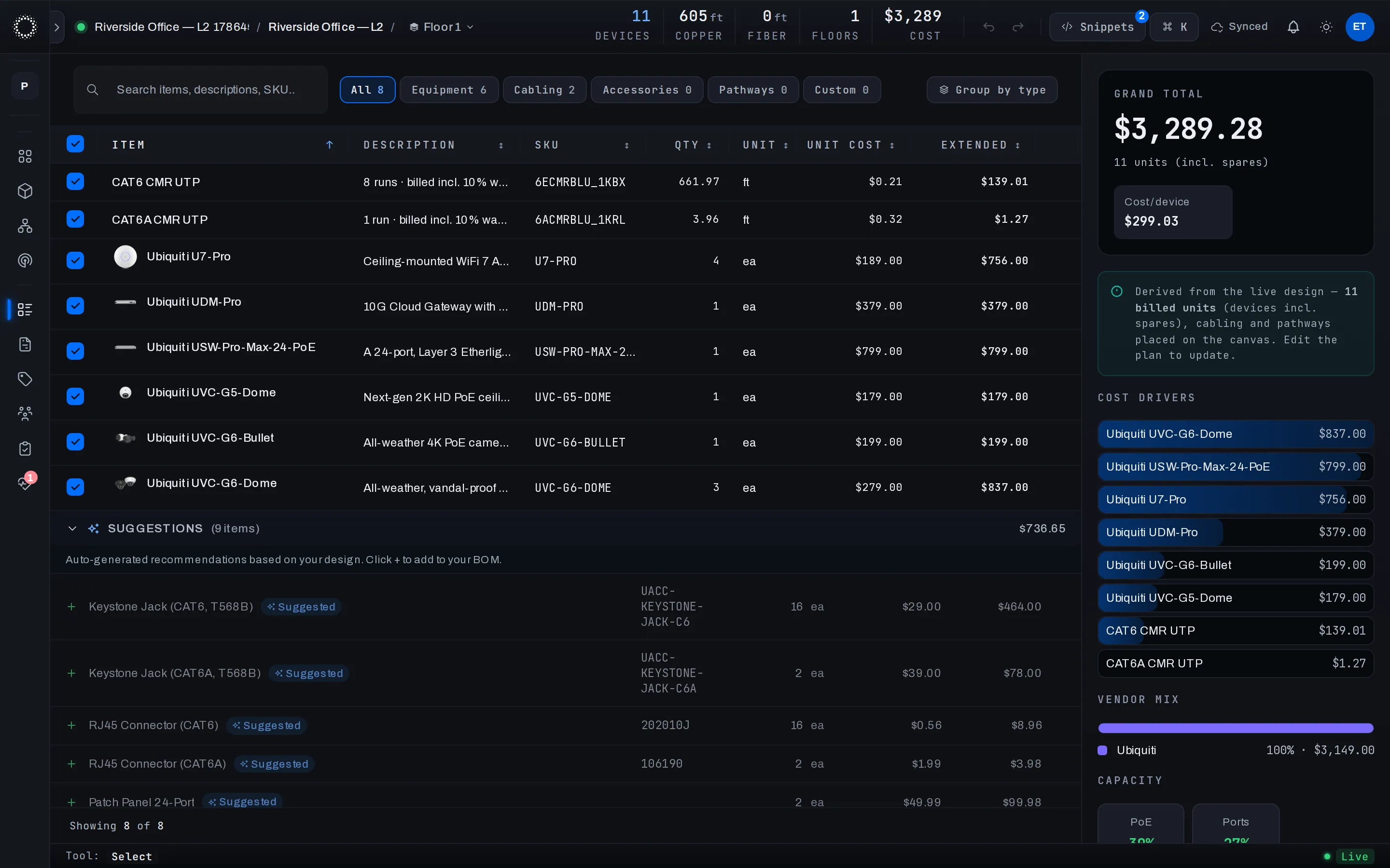 Bill of Materials view with categories and live suggestions
