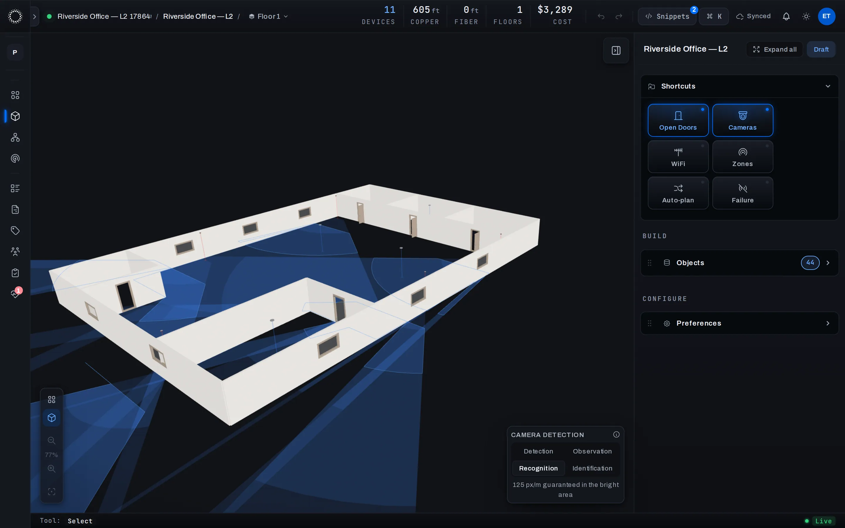 Foresight 3D view of an office: walls at real height, doors and windows cut in, camera fields of view across the floor