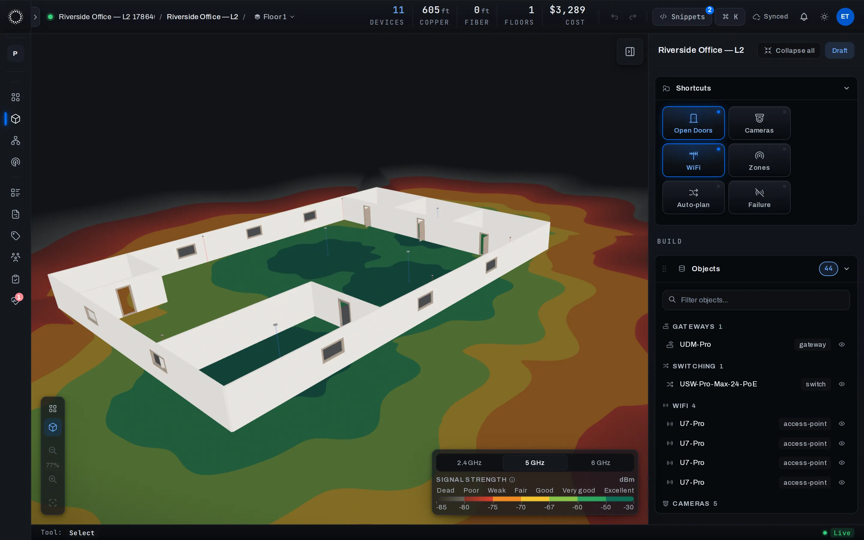The predicted WiFi coverage painted across the floor of the 3D building model